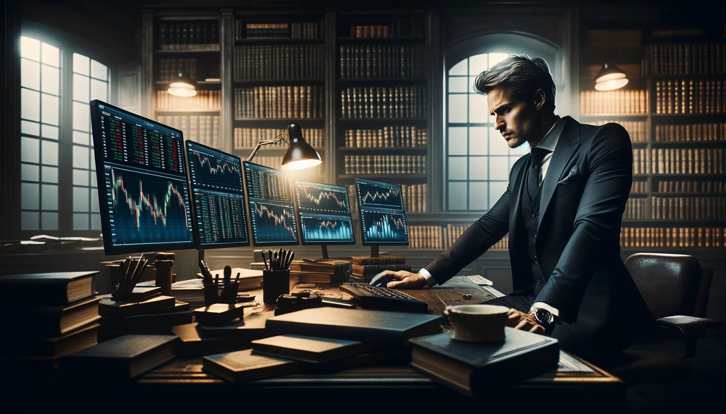 A tired but determined man, well dressed in a formal outfit, is intently looking over his investment portfolio displayed across multiple computer screens. These screens rest on a large desk situated in a quiet, isolated room that's filled with an array of books. The setting reflects his focus and dedication to his craft, with a dimly lit lamp providing a soft glow over his workspace, casting shadows that enhance the ambiance of concentration and perseverance. The man's expression and posture convey his fatigue, yet his eyes burn with resolve and keen interest in the financial data before him. The room's walls are lined with bookshelves, suggesting a deep commitment to knowledge and learning. The overall atmosphere is one of solemn dedication, with every element in the scene reinforcing the theme of a passionate individual who is devoted to mastering his field.