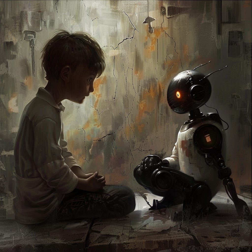 Boy chatting with a robot