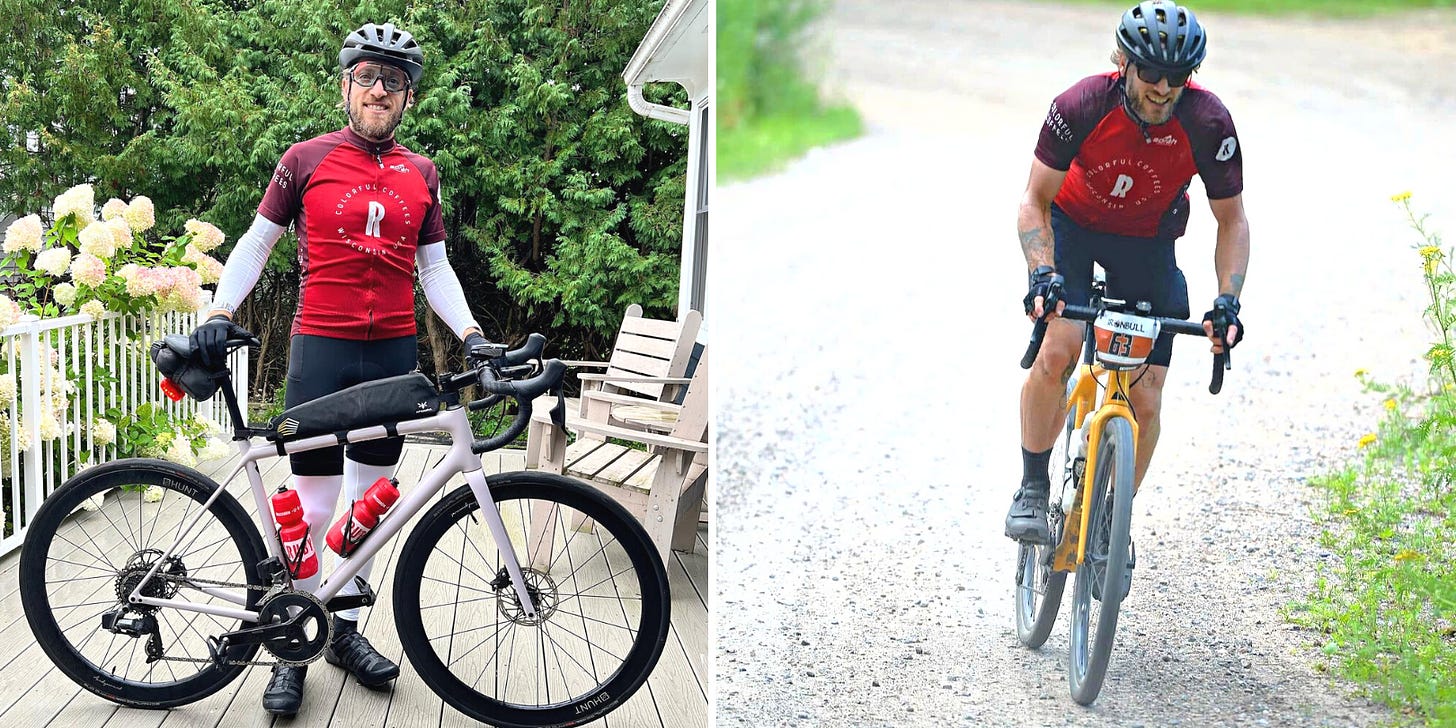 Left a man in a full bicycle spandex kit smiles and poses while standing behind his bicycle. Right: A man rides a yellow bike down a winding gravel path towards the camera.