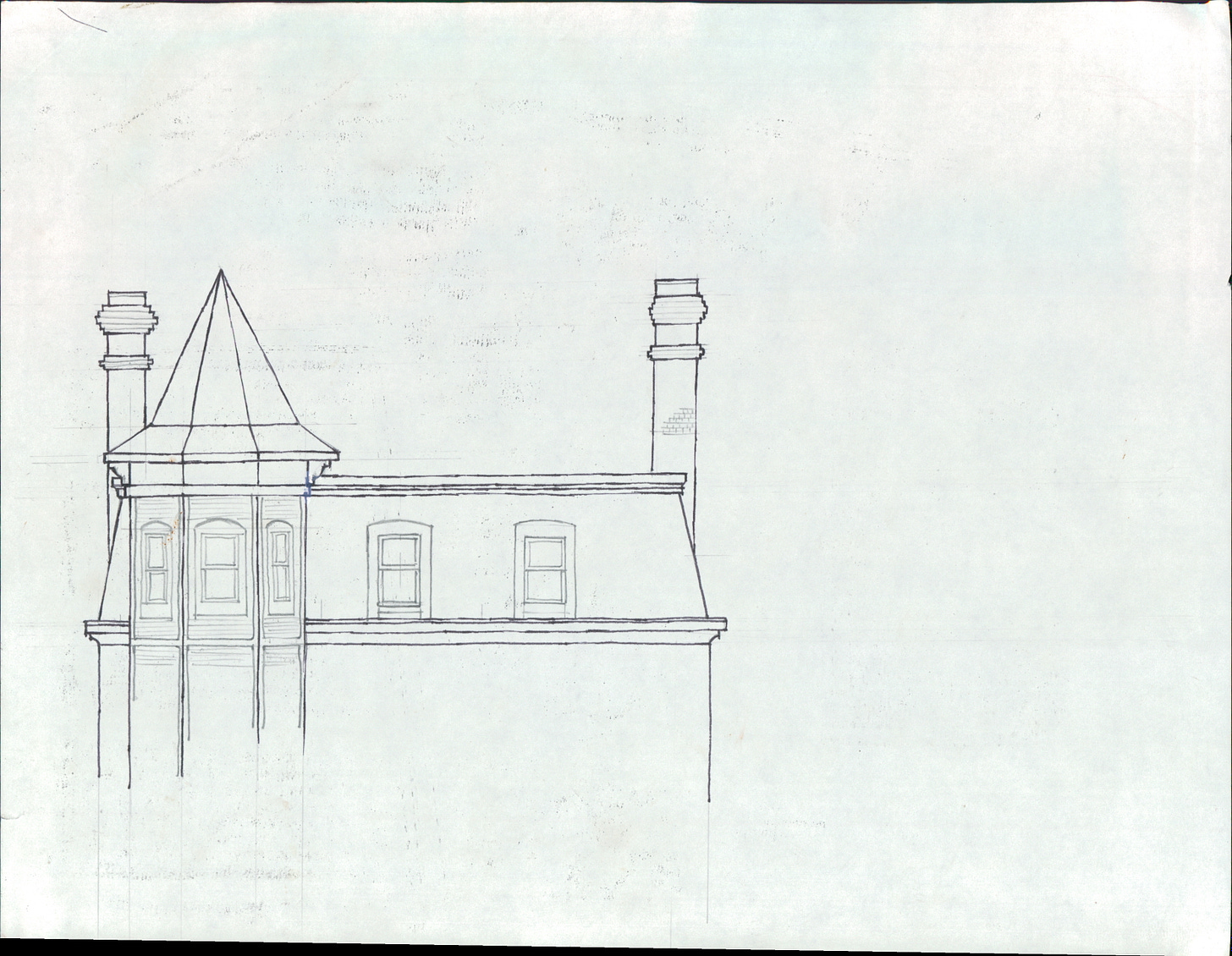Line drawing of roof line of house with tower and windows. Perspective is from the front. 
