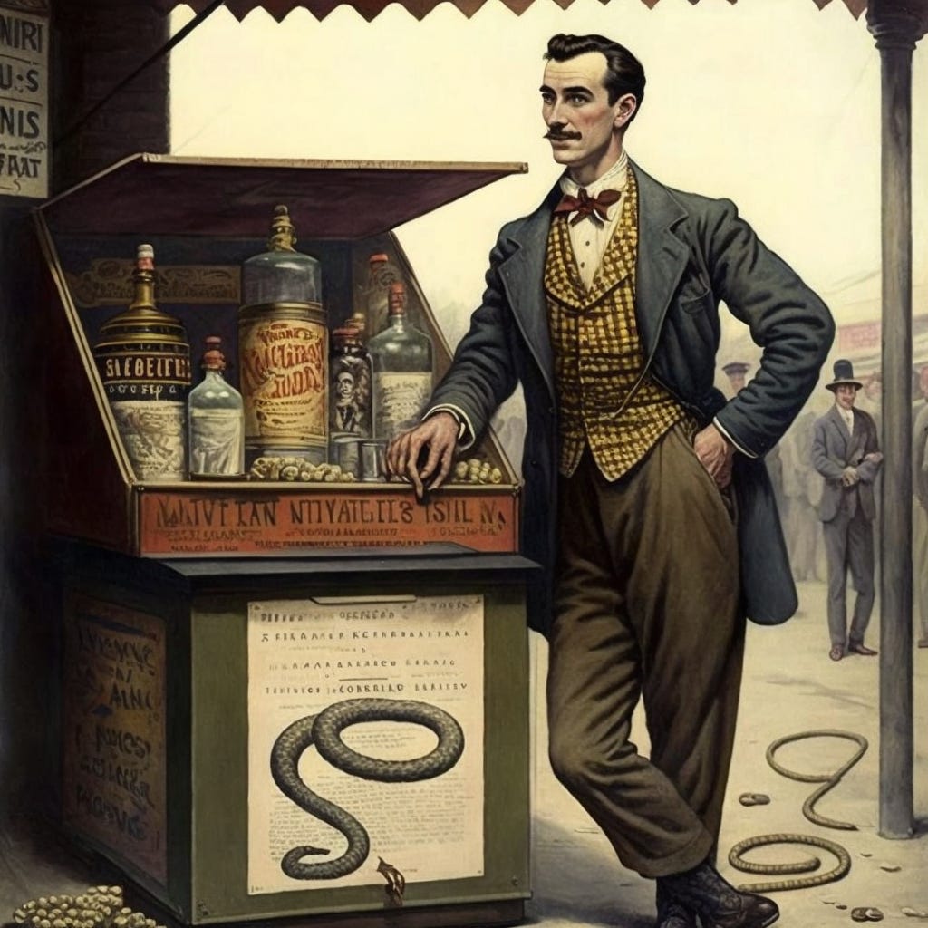 Snake oil salesman, courtesy Midjourney AI