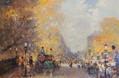 A painting of a street with people and a horse carriage

Description automatically generated