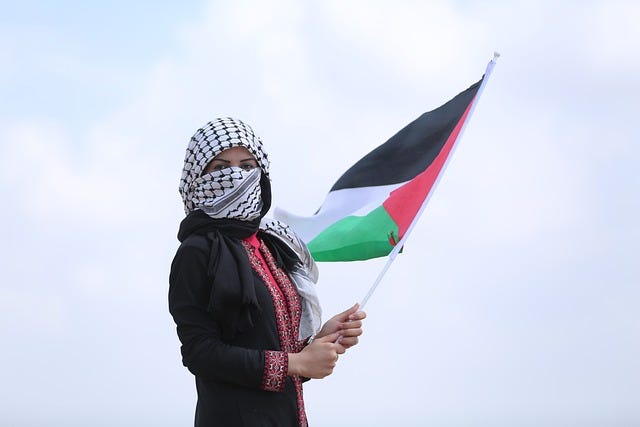 The image is of a Palestinian woman wearing a hijab while holding a Palestinian flag. She is dressed in black with a red tatreez border, and her hijab is white and black. The background shows a sky with clouds.