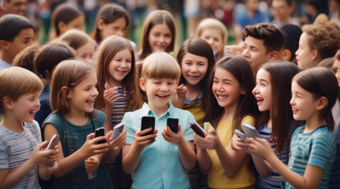 AI-generated picture of many children looking happily at smartphones