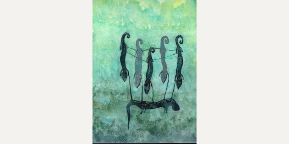 5 sea dragons suspended in sleep, supporting a sixth horizontal dragon. Watercolour by Leanne Shawler