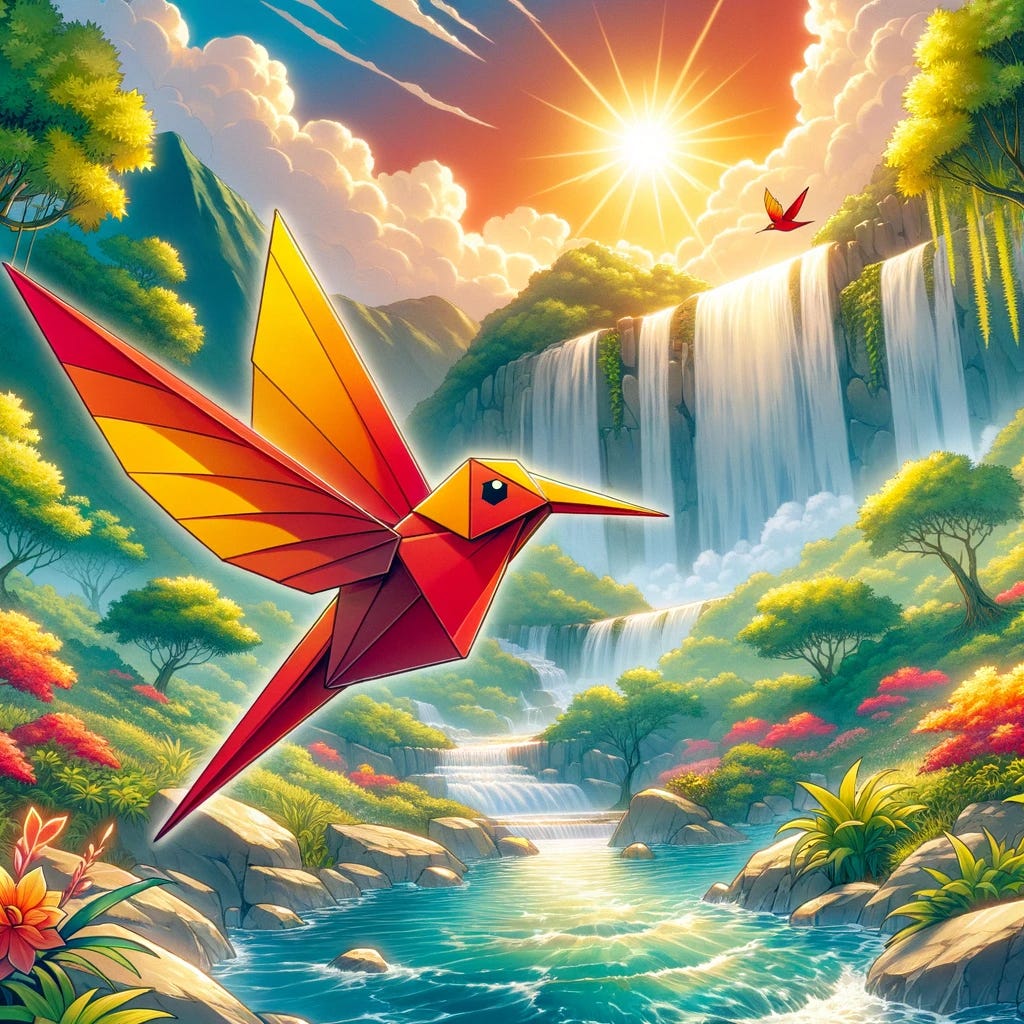 Place the origami hummingbird with its red to yellow gradient color scheme into the anime-style landscape featuring the waterfall and lush greenery, as depicted in the uploaded image. The bird should be drawn in the same vibrant and detailed anime style, with the same exaggerated saturation and dramatic lighting to match the background. The hummingbird flies gracefully through the scene, with its colors and style harmoniously integrated into the surrounding environment of bright foliage, cascading water, and the radiant sunlight piercing through the clouds.