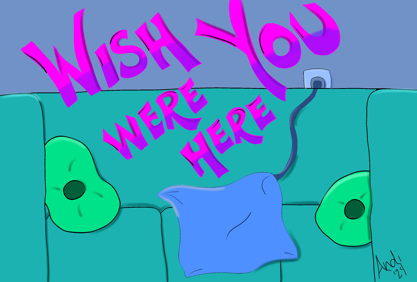 "Wish You Were Here" postcard showing a heating pad on the couch