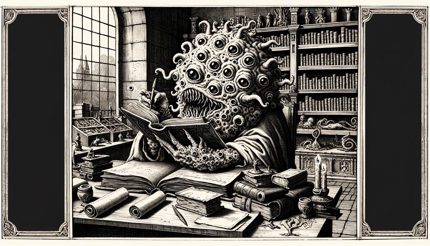 Visualize an engraving in the style of Albrecht Dürer featuring a shoggoth, a fantastical creature, in a scholarly setting. The shoggoth, an amorphous, blob-like entity with multiple eyes and tentacles, is depicted in a moment of intellectual pursuit. It holds an ancient book in one of its tentacles, intently reading, while another tentacle is used to write on a blank page of a different book. The setting is reminiscent of a Renaissance-era study, filled with shelves of old books, scrolls, and intricate artifacts. The engraving should capture the detailed, gothic style of Dürer, with the shoggoth positioned at a desk, surrounded by the rich details of a scholar's library.