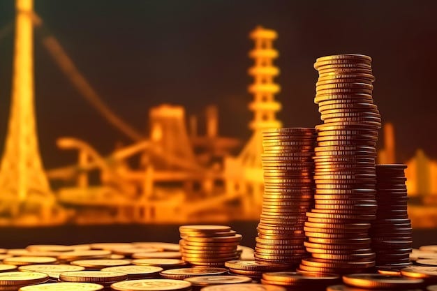 Premium Photo | Stacks of gold coins on a table with a ship in the  background.