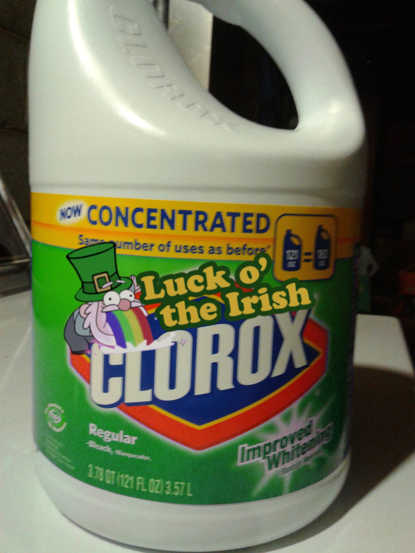 Luck of the Irish Bleach, with a leprechaun puking a rainbow.