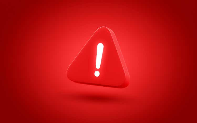 Warning sign icon 3d alert danger hazard caution safety attention emergency notification symbol on red background. Risk precaution security exclamation triangle message traffic signal alarm accident.