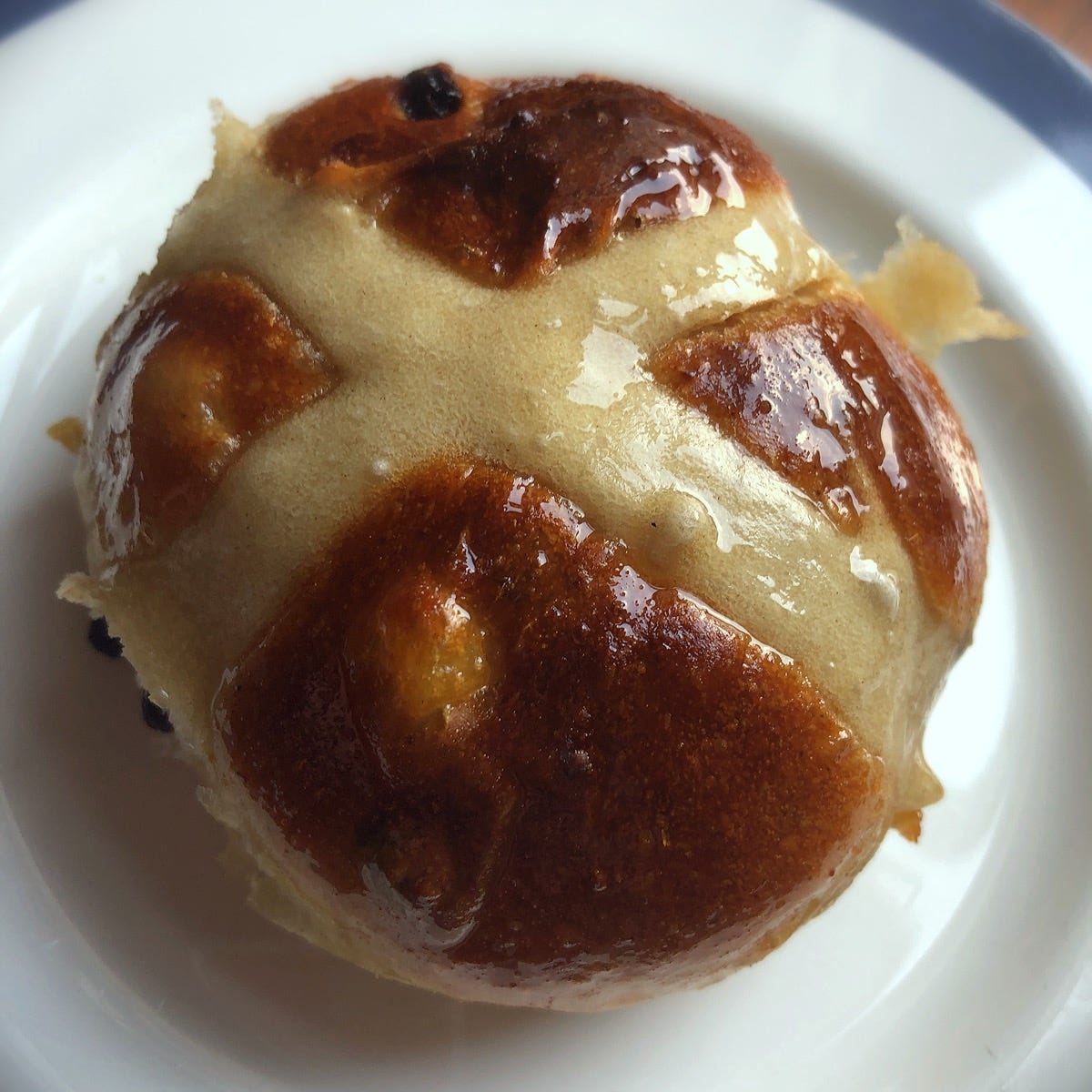 A very glossy hot cross bun on a white china plate