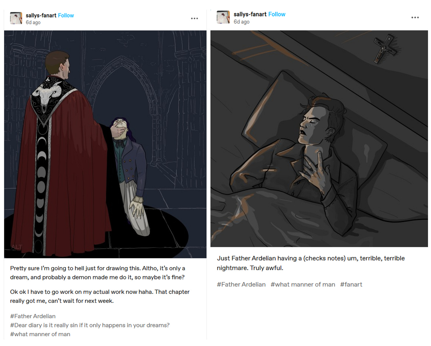 Two charming digital illustrations by Tumblr user sallys-fanart. Left: Lord Vane kneels before Father Ardelian wearing an robe decorated with occult symbols. Right: Father Ardelian lies in bed. From his pose and expression, it is evident he is dreaming.