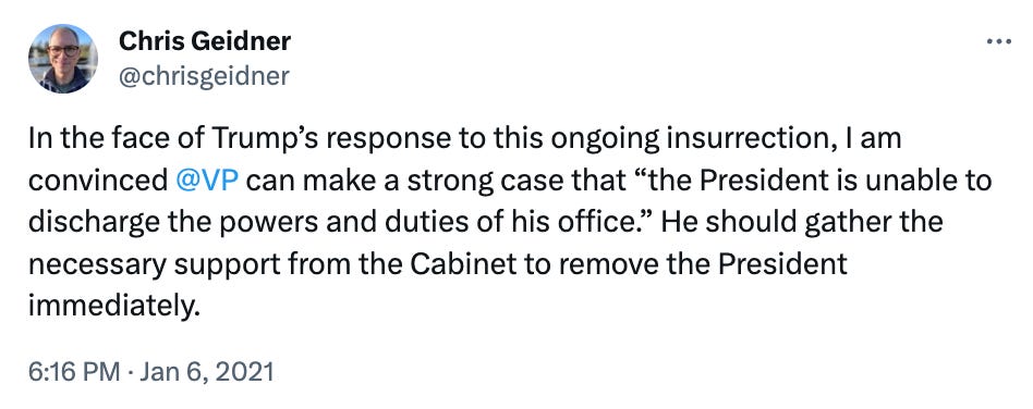 In the face of Trump’s response to this ongoing insurrection, I am convinced  @VP  can make a strong case that “the President is unable to discharge the powers and duties of his office.” He should gather the necessary support from the Cabinet to remove the President immediately.