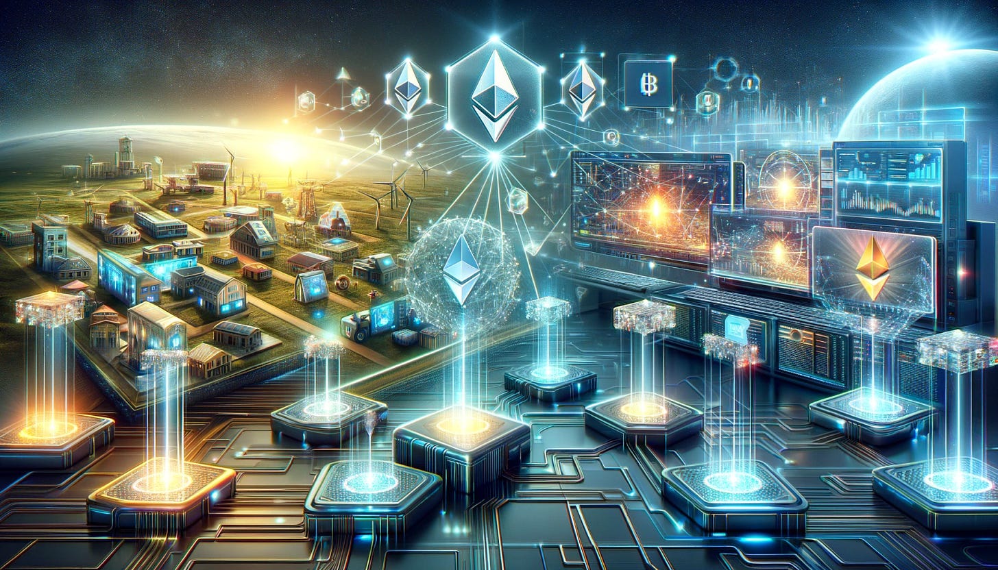 A visual representation of the partnership between Iota and Fireblocks in the blockchain and asset tokenization space. The image portrays a sophisticated, high-tech collaboration scene. It features the merging of Iota’s Shimmer Ethereum Virtual Machine (EVM) and Fireblocks' infrastructure, symbolized by interconnected digital networks and advanced technology. The focus is on the tokenization of real-world assets (RWAs), depicted by digital tokens emerging from various assets like buildings, land, and machinery. Key elements include screens or holograms showing the ShimmerEVM interface and Fireblocks' systems, illustrating the seamless integration and expansion in tokenization scope. The scene is set against a futuristic backdrop, emphasizing the transformative impact of this partnership on the blockchain sector and its potential to address the growing market for asset tokenization.