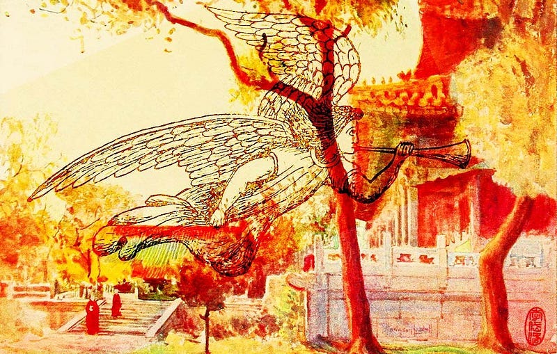 Collage of angel and a Japanese temple scene.