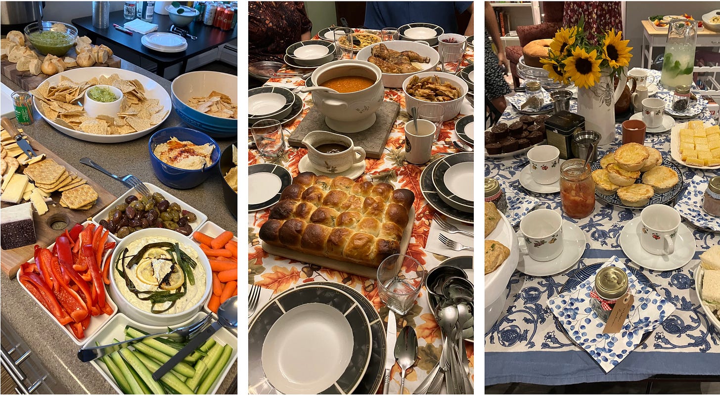 Three photos of tables spread with food and dishes Three photos of tables spread with food and dishes