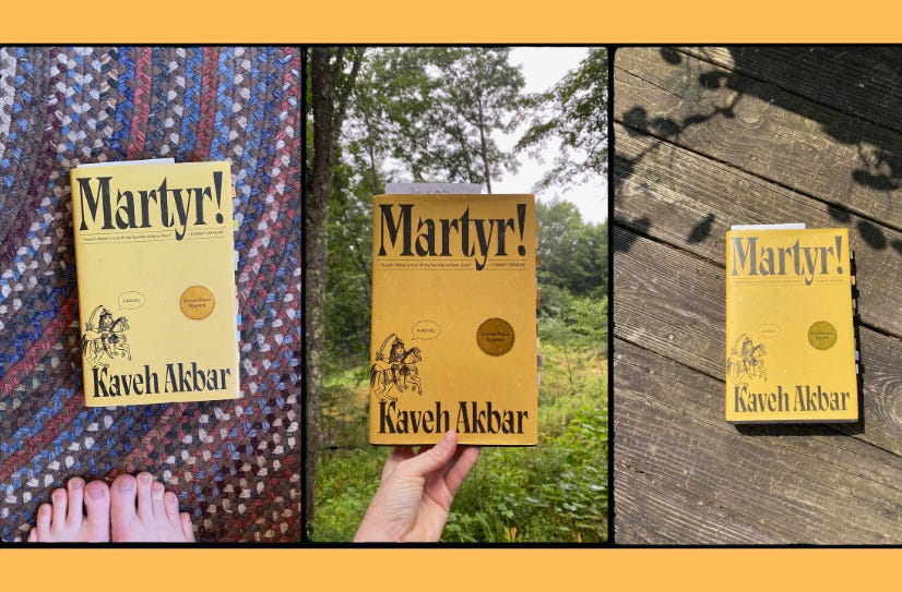 Three photos of Martyr! on three different backgrounds: a rug, some trees, a porch.