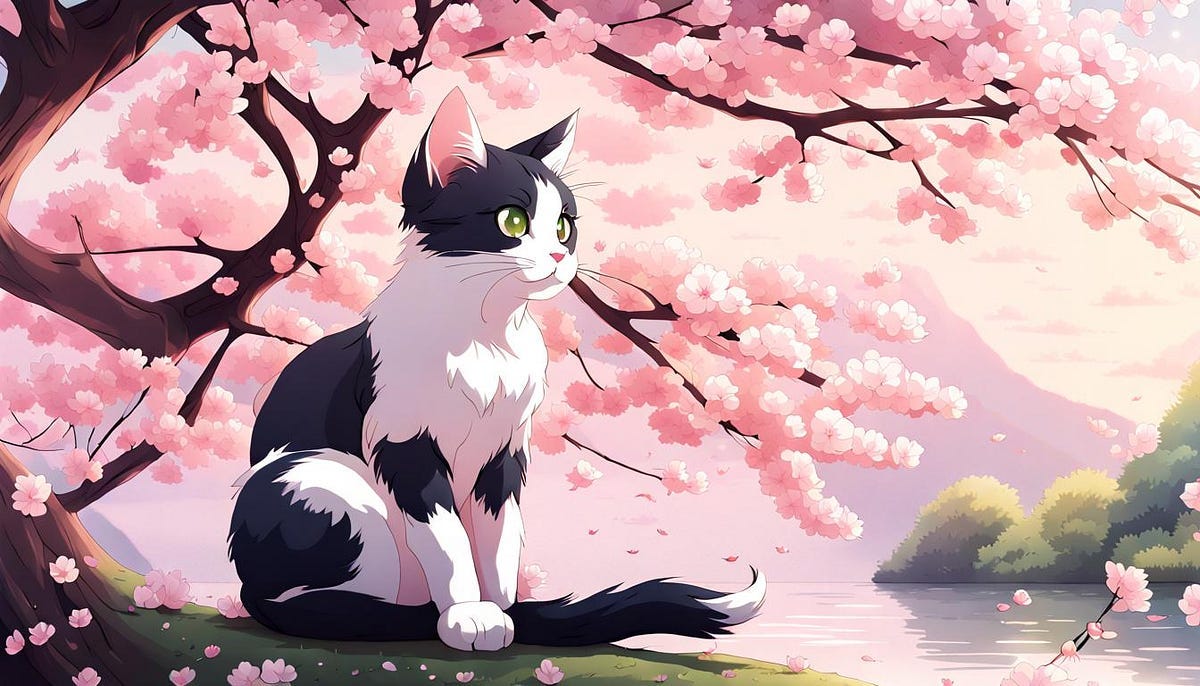 Cat sitting beneath a Sakura blossom tree