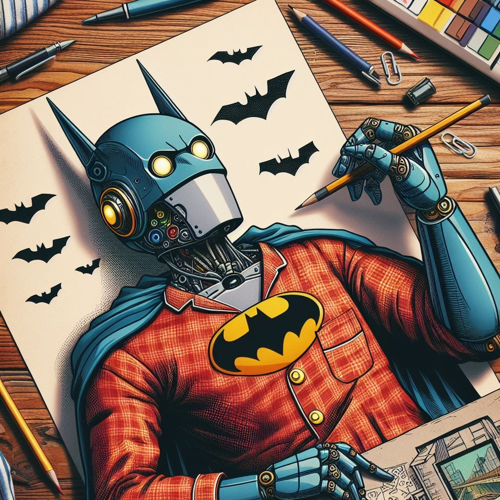 A robot drawing Batman with pijamas on a paper like an artist, drawing in american comics style