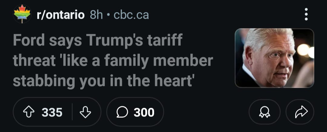 The CBC headline reads: "Ford says Trump's tariff threat 'like a family member stabbing you in the heart." It was originally posted to the r/Ontario forum, then screencapped for r/LeopardsAteMyFace.