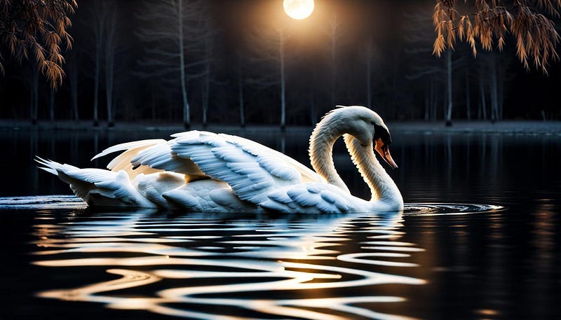 Swan in moonlit pond