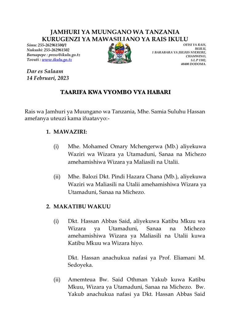 Samia Suluhu, Isidory Mpango, Kassim Majaliwa, Pindi Chana, Mohammed Mchengerwa, Said Yakub, Ikulu, Tanzania