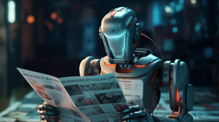 A robot with a glowing blue featureless head reads a newspaper.