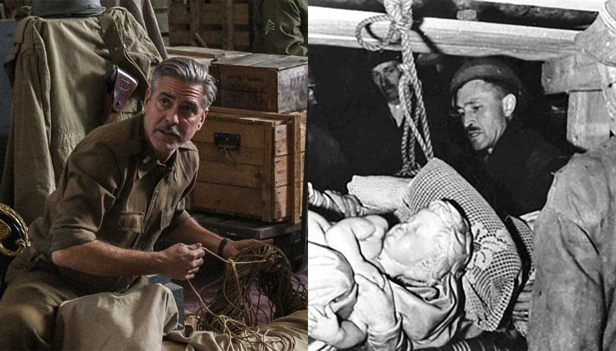 Side by side images of George Clooney in movie and the real monuments men collecting the Madonna statue.
