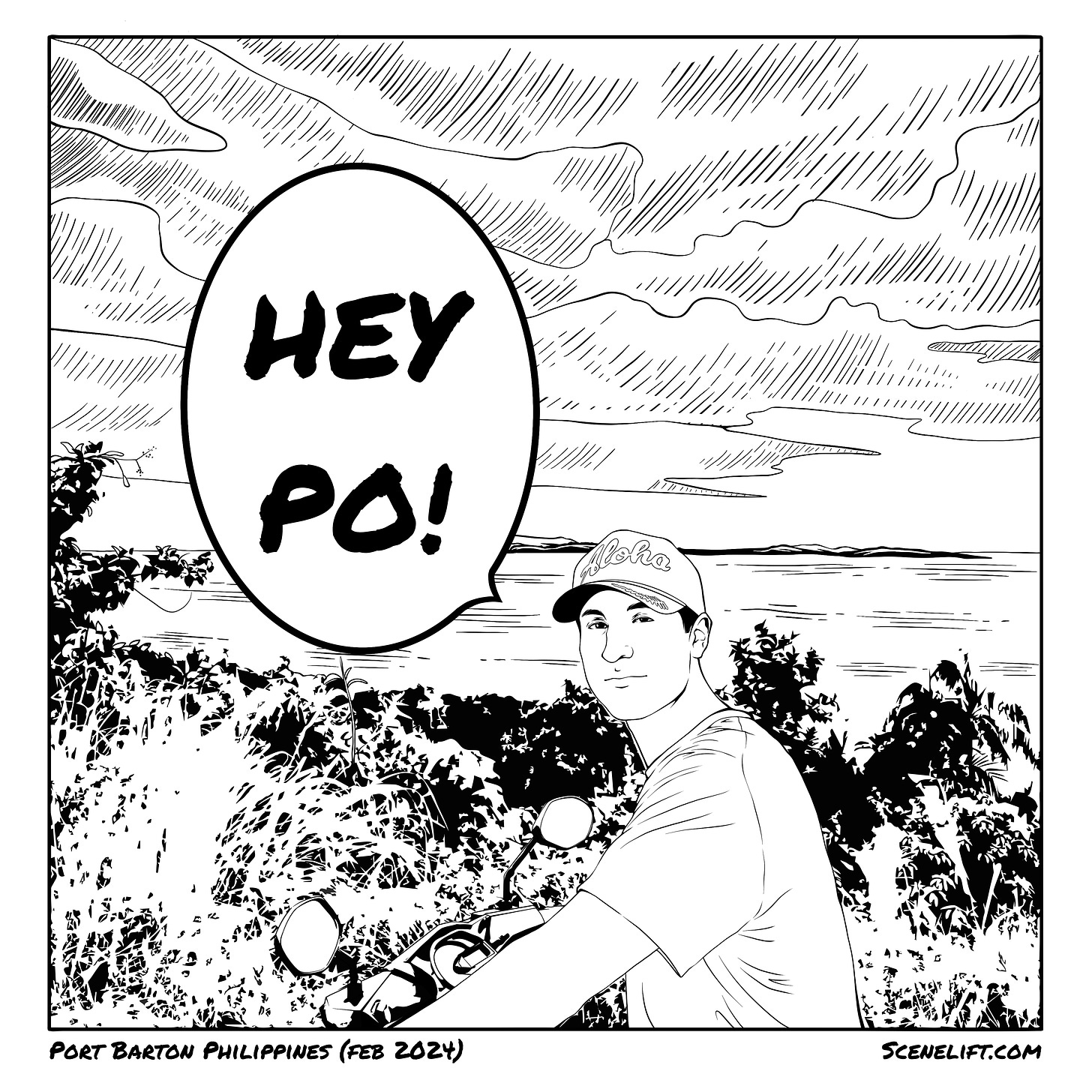 Comic of tourist on motorbike in Port Barton, Philippines, saying the word po