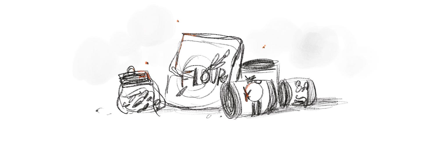 Sketch of pantry goods-bag of flour and tins of vegetables, all sparking and catching fire.