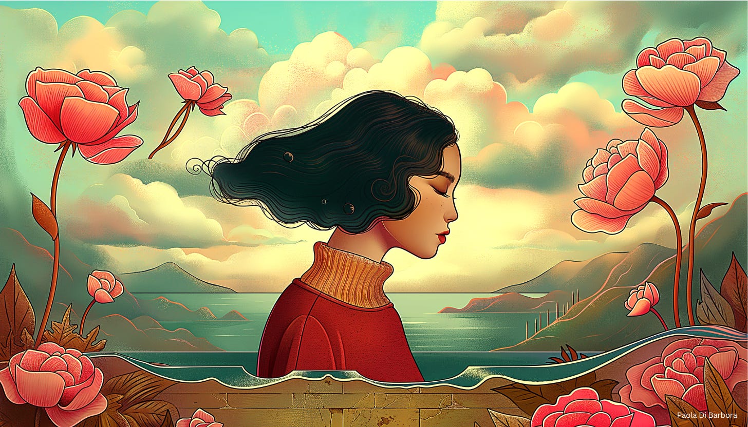 A dark haired woman sits contemplating life-changing decisions. She is surrounded by a surreal scene of mountains, clouds and floating flowers.
