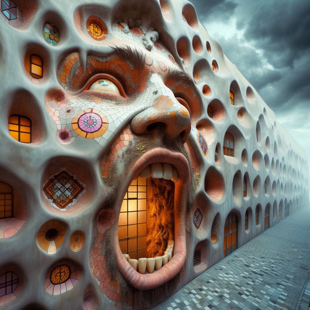 Hyper realistic;tilt shift; giant head eating Quatrefoil on wall: head with tan Gothic Tracery: coral glowing decorative tiles. head merges into the Hundertwasserhaus, Vienna, Austria: thead partly embedded in wall. Interior stormy light.storm clouds. vast distance. No roof. Tilt shift.ethereal 