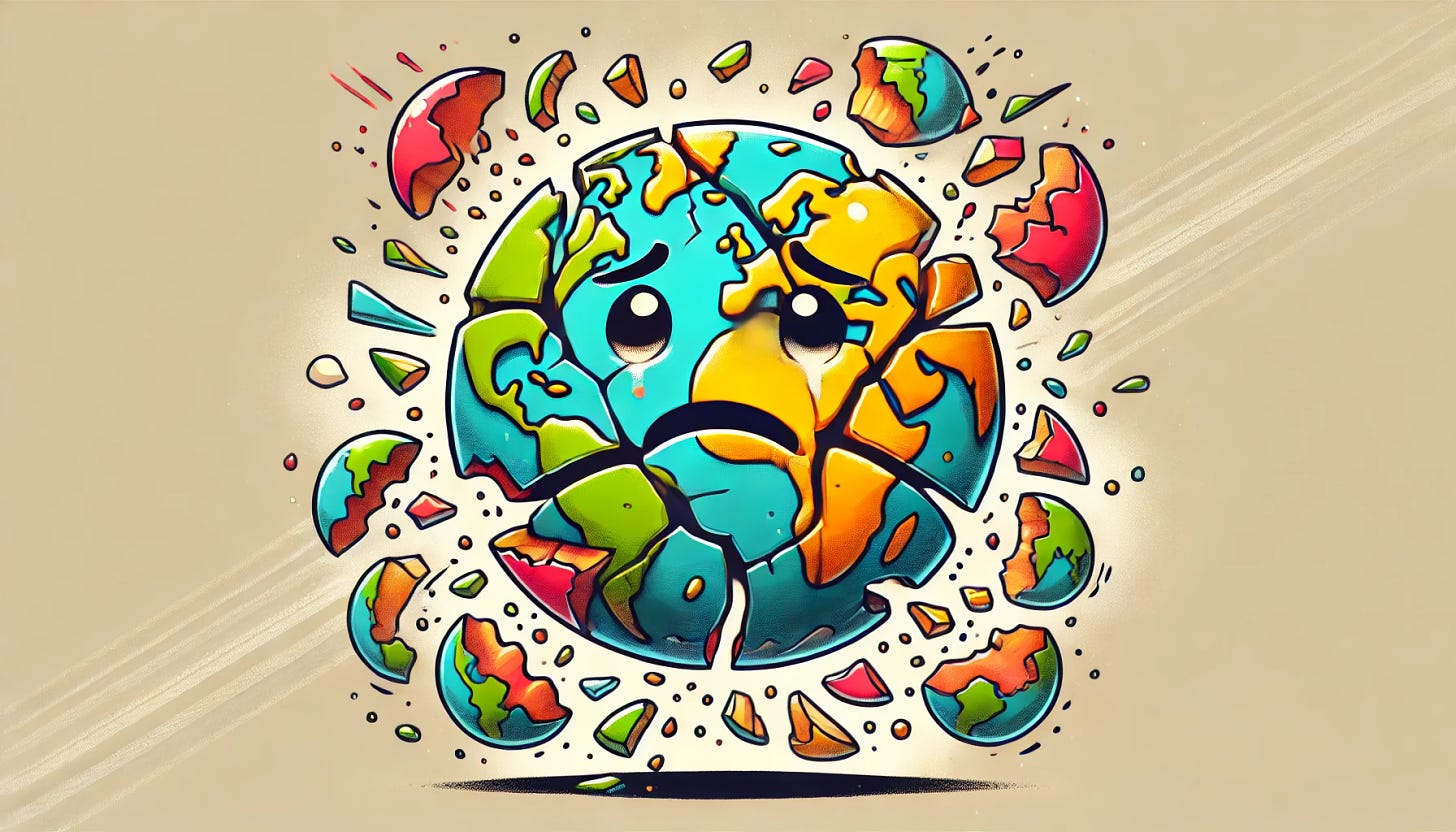 A 16:9 caricature illustration of a single globe of the world breaking apart and falling into pieces. The globe should appear colorful with exaggerated features, and its continents should be fragmenting and drifting away in dramatic, cartoonish detail. The globe has a distressed, expressive face, and there should be no additional small globes or extra Earth figures. Surrounding the globe, include whimsical elements like cracks, floating debris, and a sense of chaos, all portrayed in a lighthearted and playful style.