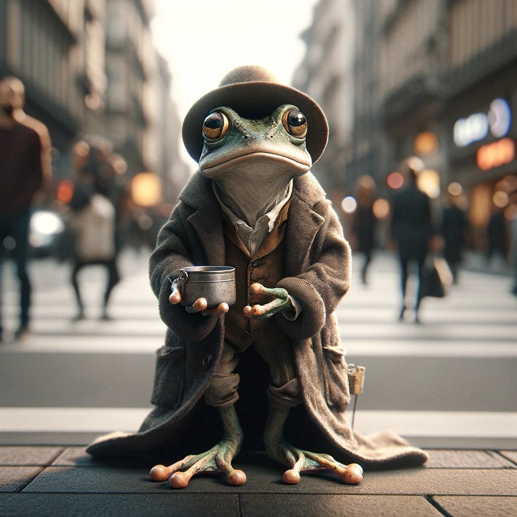 Imagine a whimsical scene where an anthropomorphic frog, standing on two legs like a human, is on a bustling city street corner. This frog, dressed in a modest, slightly tattered ensemble - perhaps an oversized coat and a hat that's seen better days, holds out a small tin cup in one hand, its other hand held open in a pleading gesture. The frog's eyes, big and round, convey a mix of hope and desperation. The backdrop features the hustle and bustle of city life with blurred figures of people walking by, paying little attention to the frog. The atmosphere combines a touch of humor with a poignant reflection on urban indifference.