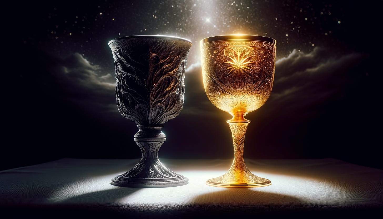 The image shows two intricately designed chalices placed side by side on a table. The chalice on the left is silver, featuring a detailed, swirling pattern. The chalice on the right is gold, with ornate, floral engravings. Both chalices are illuminated by a soft light against a dark, starry sky background, creating a mystical and elegant atmosphere.