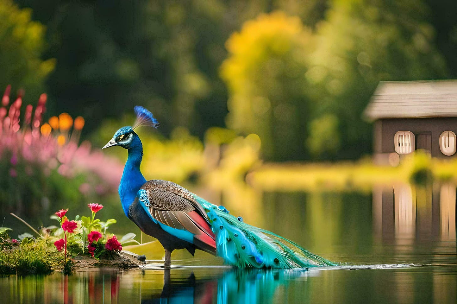 wallpapers peacock, wallpaper, water, lake, bird, flower, house, nature,.  AI-Generated 32252515 Stock Photo at Vecteezy