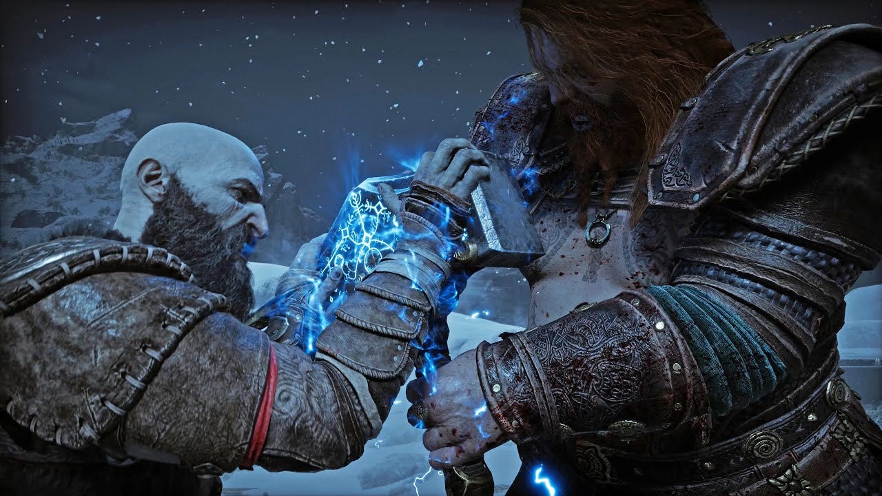 Kratos fighting Thor in God of War Ragnarok