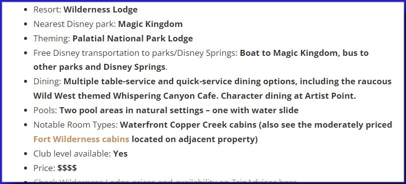 Screenshot of the Go Informed Disney World hotel guide