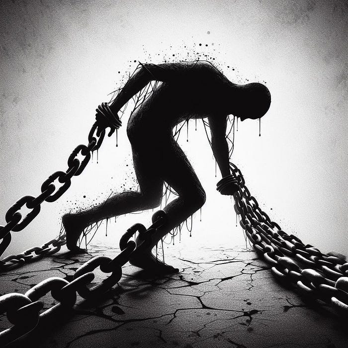 A man trying to stand up but being held down by chains