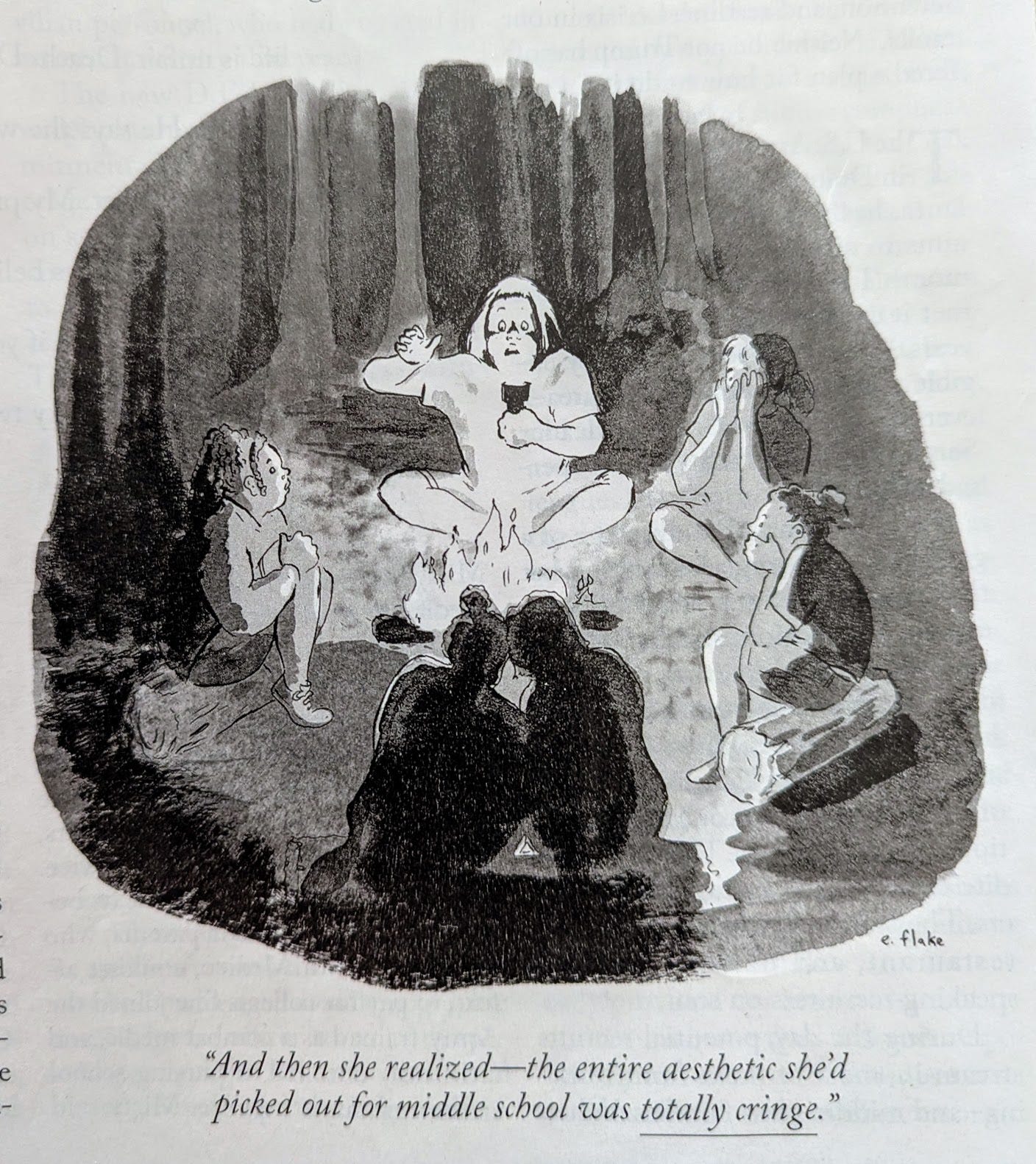 Cartoon depicting six girls seated around a campfire. One girl holds a flashlight beneath her chin, the other girls look terrified.