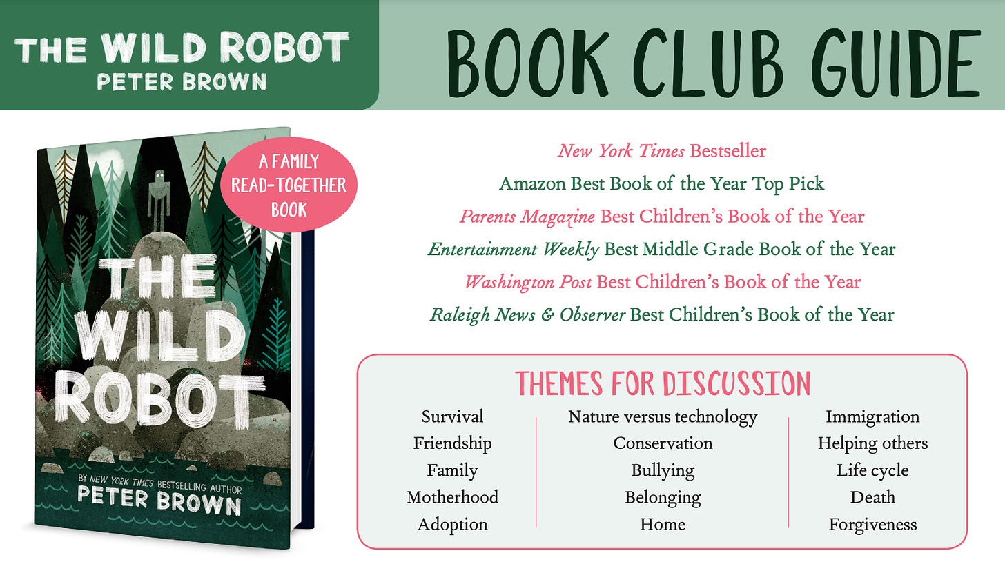 screenshot of a book club guide for "The Wild Robot"