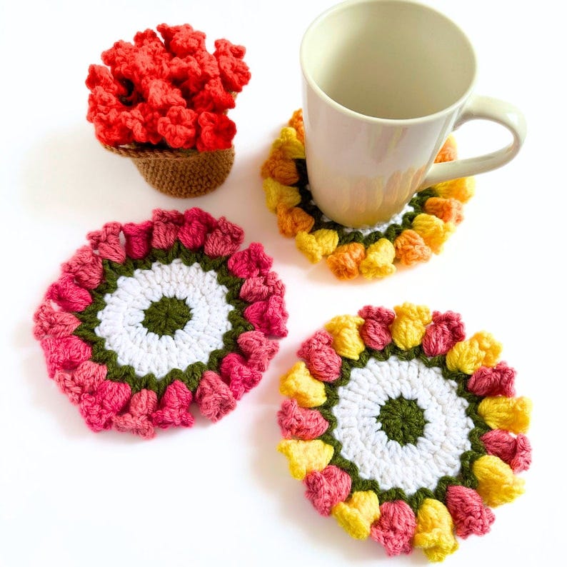 CROCHET PATTERN BUNDLE Flower Pot Coaster Set Crochet Patterns Succulent Plant Sunflower Coasters Monstera Leaf Pattern Digital Download image 2