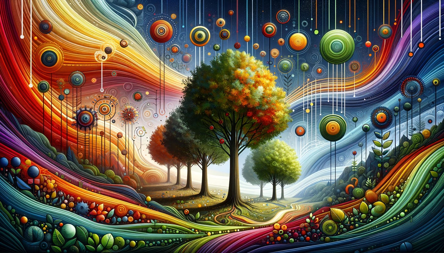 Create a high-quality abstract representation using nature, such as trees, to symbolize improving the quality of a website to increase customer lifetime value (CLTV), which in turn boosts long-term growth over time. The image should emphasize the concept of quality leading to sustainable success, represented through nature elements like flourishing trees or growing plants. The artwork should be imaginative, vibrant, and convey interconnectedness, enhanced customer satisfaction, and gradual growth. Use dynamic and colorful imagery to represent the positive impact on diverse traffic sources over a long period, focusing on intent and avoiding any text.