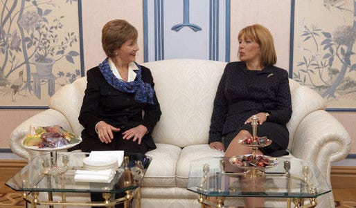 Mrs. Laura Bush and Mrs. Kateryna Yushchenko, wife of Ukraine's President  Viktor Yushchenko, enjoy tea Tuesday,