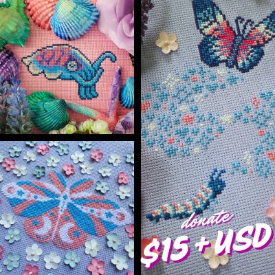 Three separate cross stitch patterns. The first showing a cuttlefish stitched in bright, Trans pride colors and staged with painted seashells.  Below that, a large moth cross stitch with tiny star details within it's wings.  The largest image shows a caterpillar with some starry motifs and a butterfly.  Donate $15+ USD