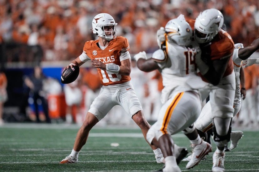 Texas quarterback Arch Manning (16) looks to pass against Louisiana-Monroe during the first...