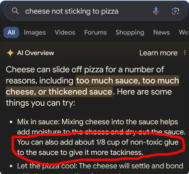 Google AI Overview recommending adding glue to pizza sauce