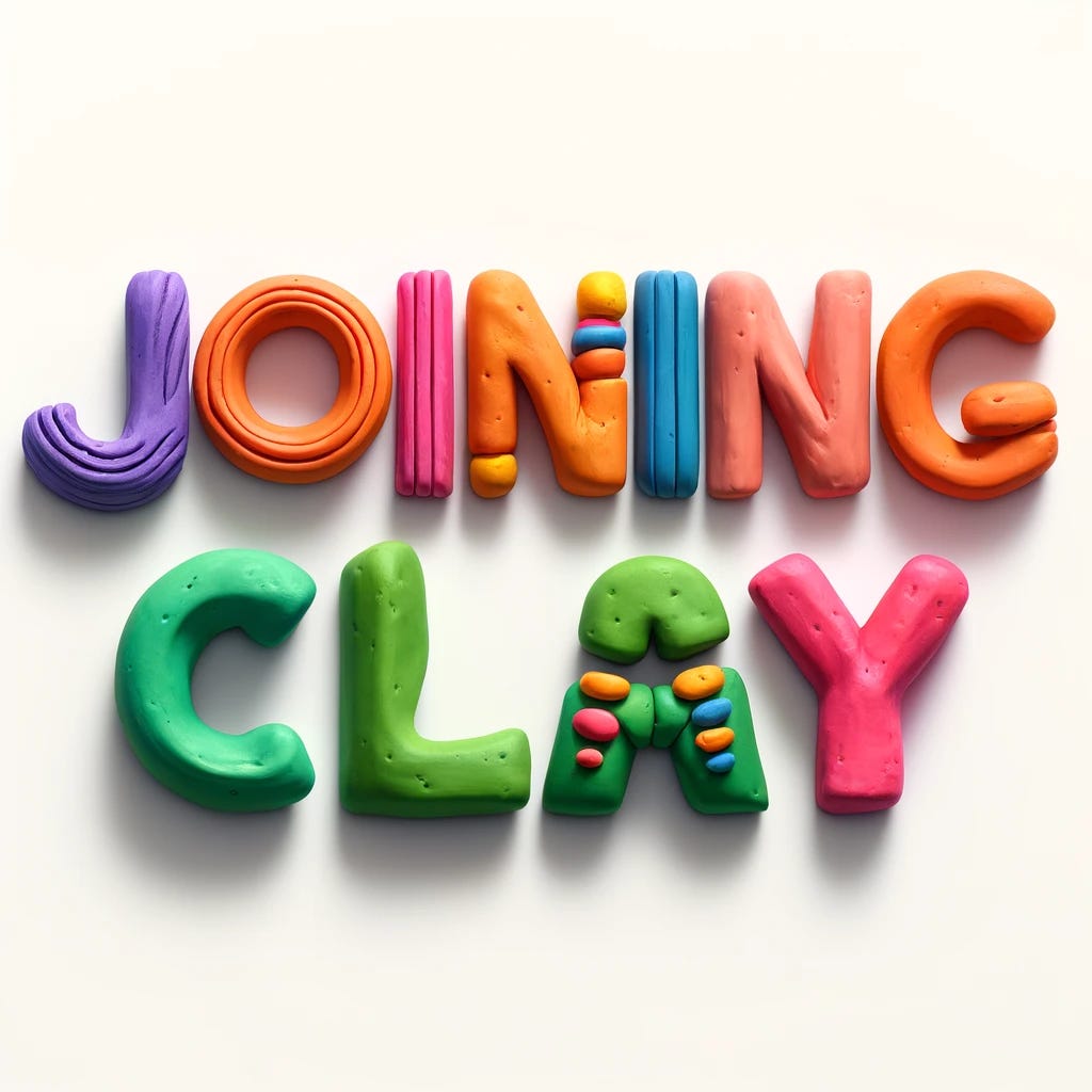 A logo for 'Joining Clay', spelled correctly, where each letter is fully visible and crafted from clay, brightly colored, and arranged in a straight line on a pure white background. The letters should retain a handmade and whimsical look, each character uniquely shaped but maintaining a cohesive horizontal layout. Ensure that the logo is spelled correctly as 'Joining Clay', with vibrant and distinct colors for each letter, embodying a playful and creative aesthetic.