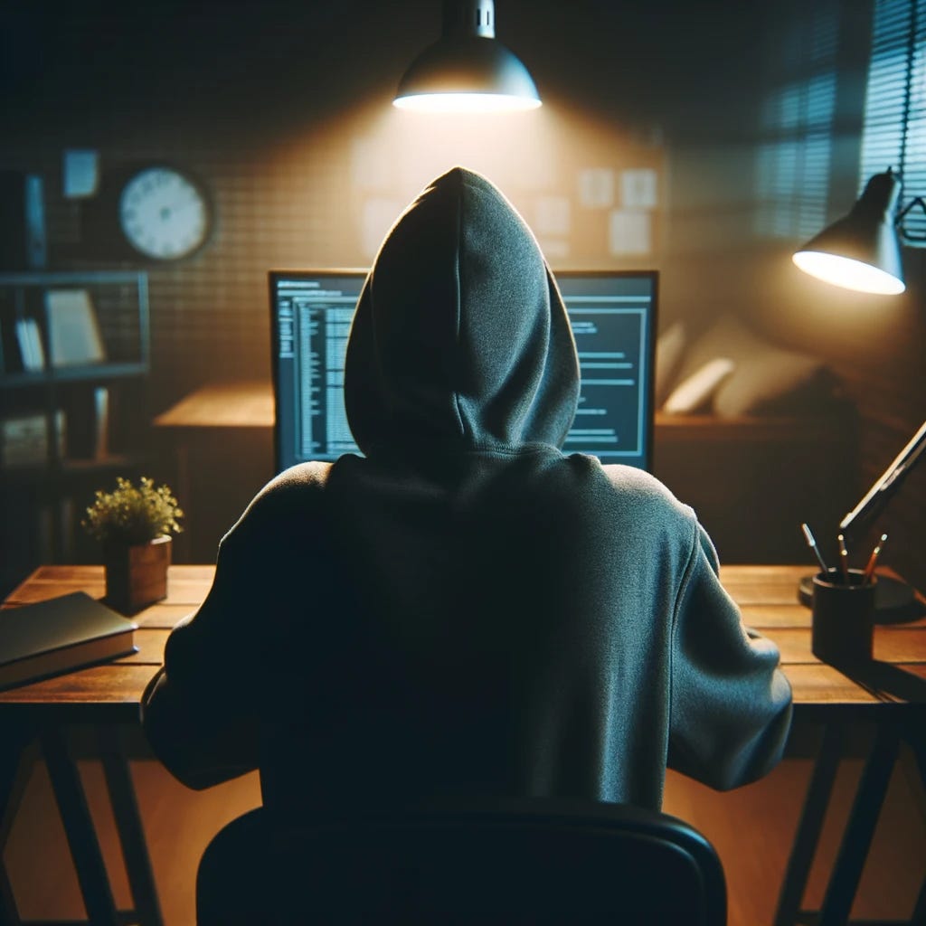 Photo of the back view of a person with their hoodie on, sitting at a desk in a dimly lit room, deeply engrossed in their work on a computer.